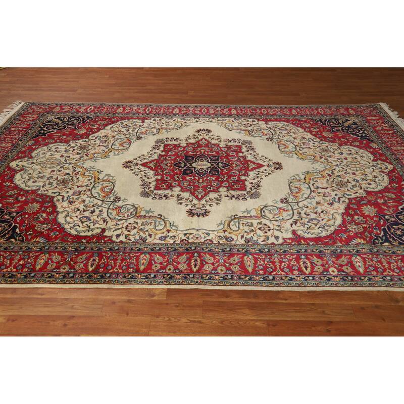 Hand Knotted Oriental 100% Wool Carpet Traditional Floral Beige & Ivories Tabriz Area Rug - 9' 10'' X 6' 5''