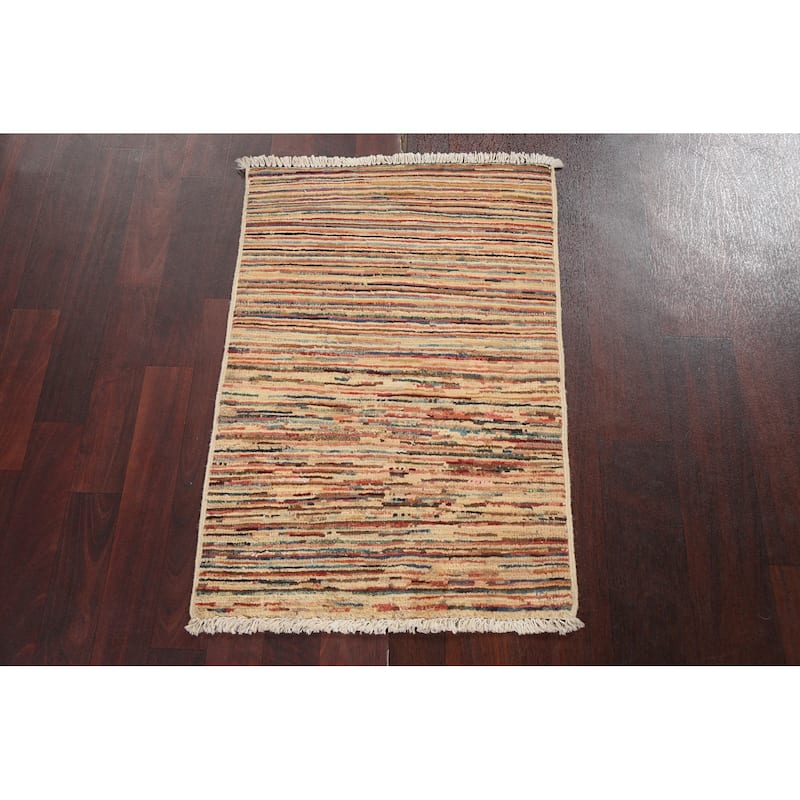 Gabbeh Kashkoli Contemporary Area Rug Hand-knotted Striped Wool Carpet - 1'11" x 2'10"