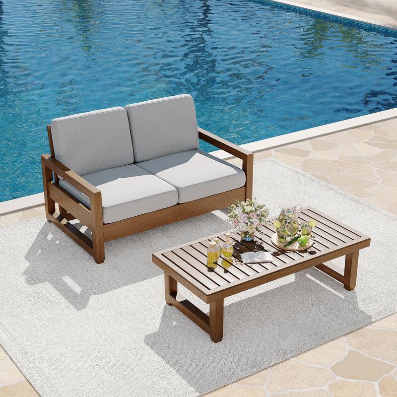 Teak Loveseat Patio Set with Cushions and Table (2-Piece)