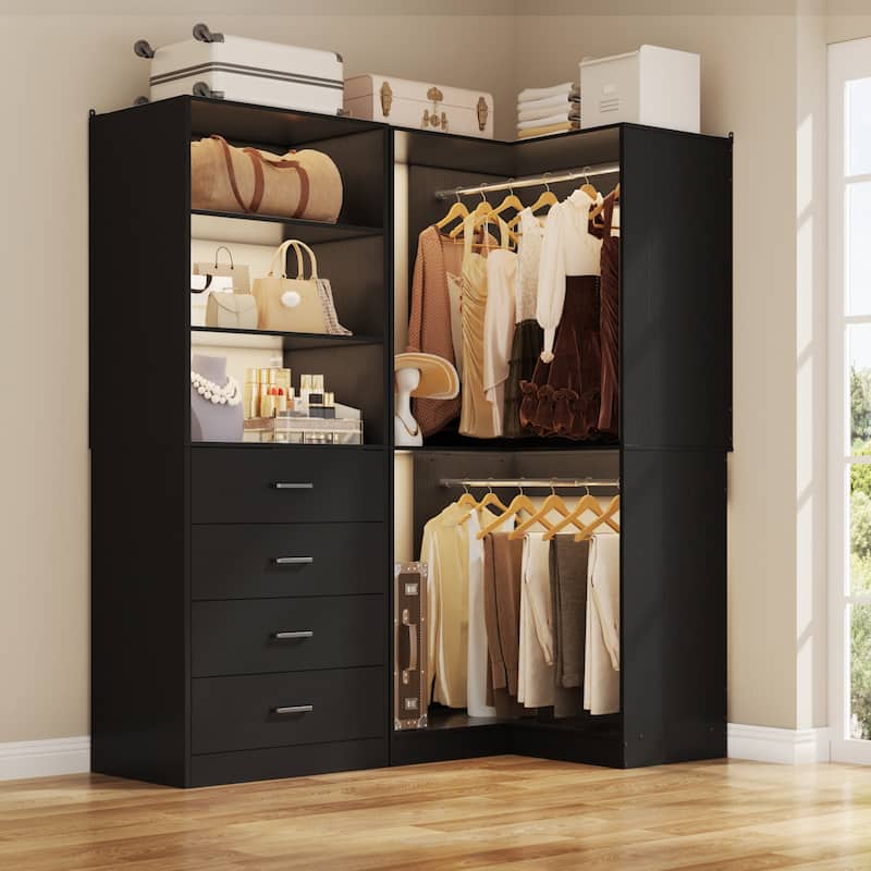 Cimly Set of 2 Corner Closet Organizer, Freestanding Closet System with Wooden Drawers - Black