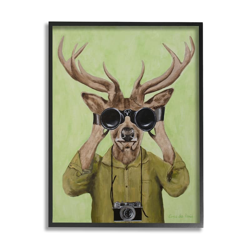 Stupell Funny Cute Deer Binoculars Camera Painting Green Background Framed Wall Art - Brown