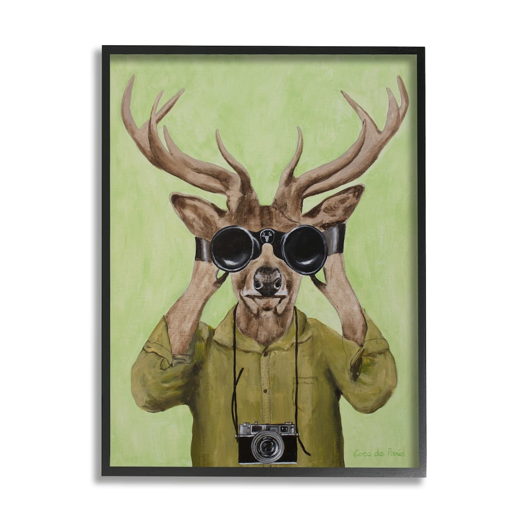 Stupell Funny Cute Deer Binoculars Camera Painting Green Background Framed Wall Art - Brown