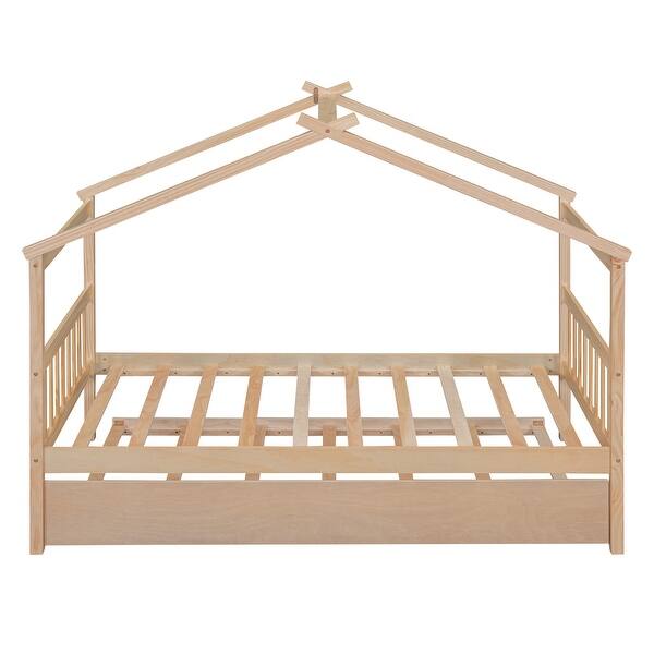 slide 2 of 45, Twin Size Wooden House Bed with Twin Trundle with Roof for Kids Natural - Twin