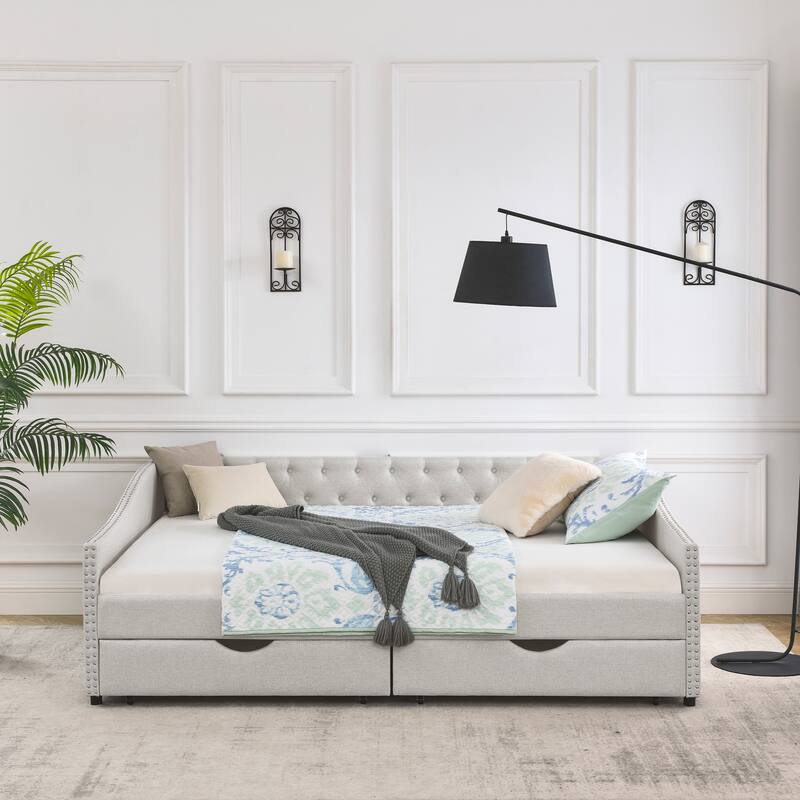 Roomfitters Twin/Full/Queen Upholstered Daybed with Tufted Backrest, Nailhead Trim and Underbed Storage Trundle - Beige - Queen