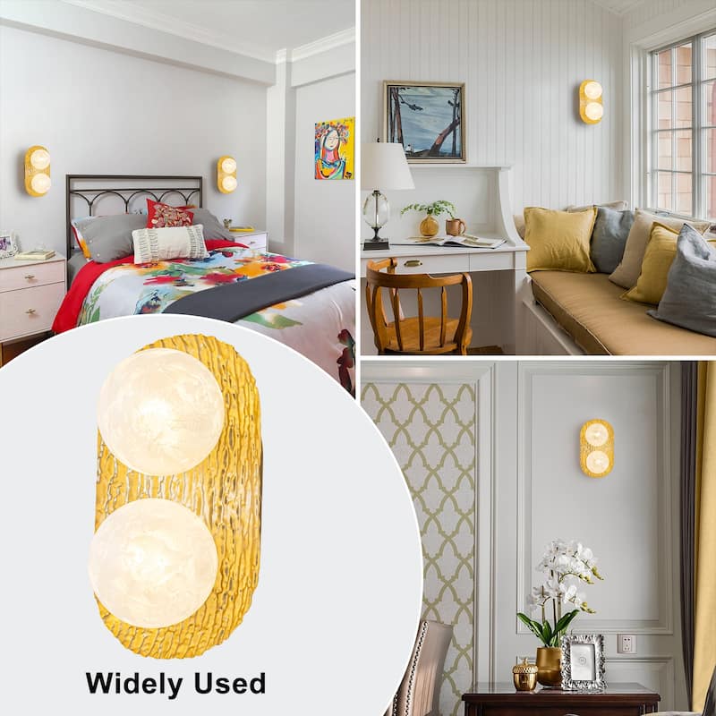 2-Light Textured Gold Metal Wall Sconce Frosted Crackled Glass Globe