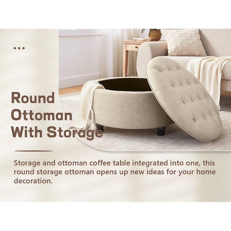 Tufted Round Storage Ottoman, Faux Leather