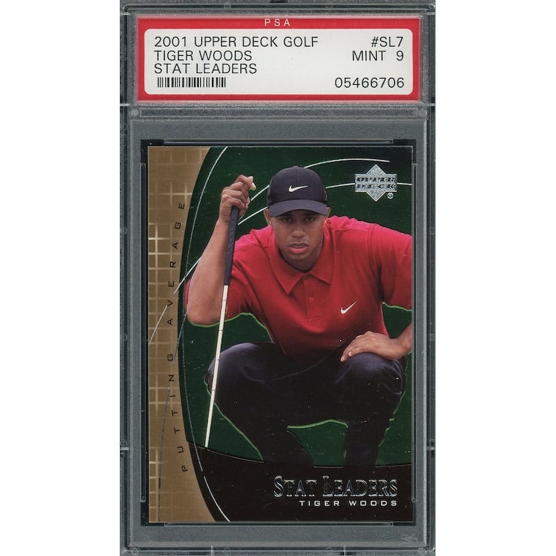 Tiger Woods 2001 Upper Deck Stat Leaders Golf Card #SL7 Graded PSA 9 MINT - 8'6" x 11'6"
