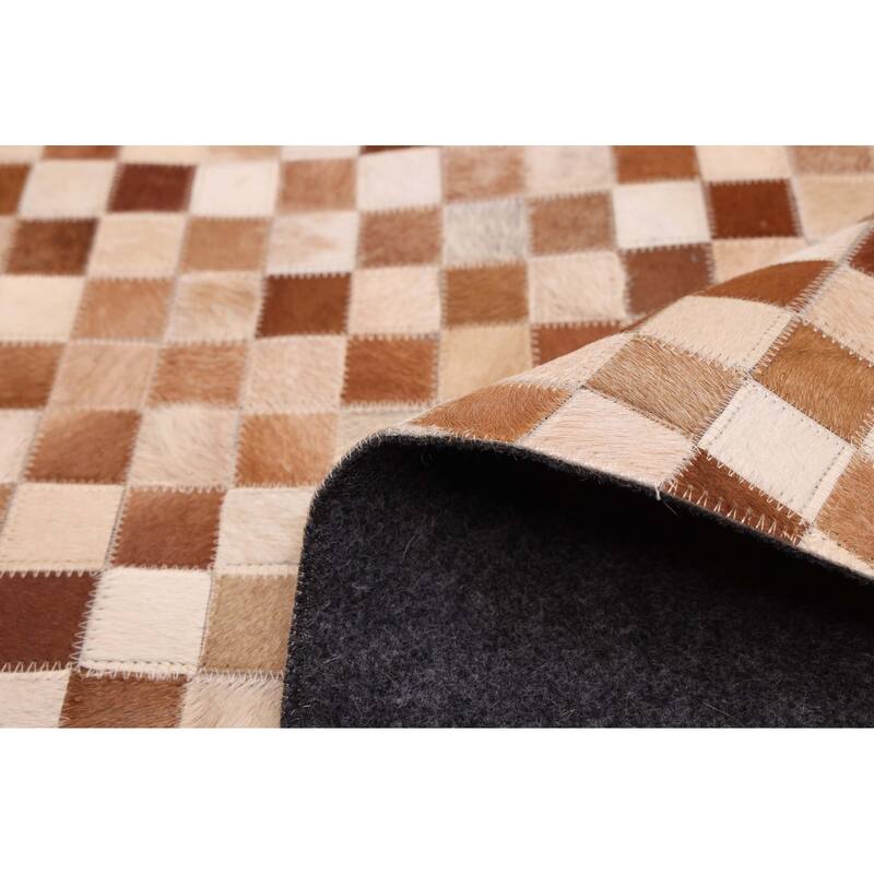 ECARPETGALLERY Handmade Cowhide Patchwork Brown Leather Rug - 7' x 7'