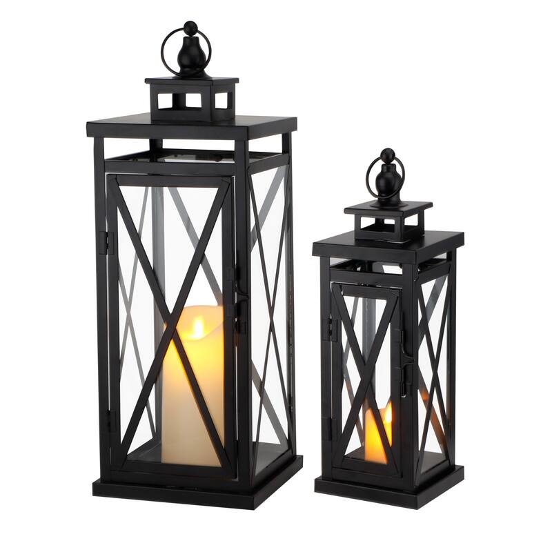 Set of Two Clear And Black Glass And Metal Tabletop Lantern Candle Holders