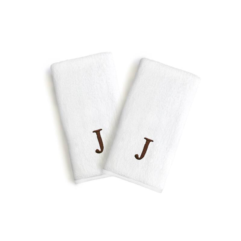 Authentic Hotel and Spa 2-piece White Turkish Cotton Hand Towels with Brown Block Monogrammed Initial - White/J