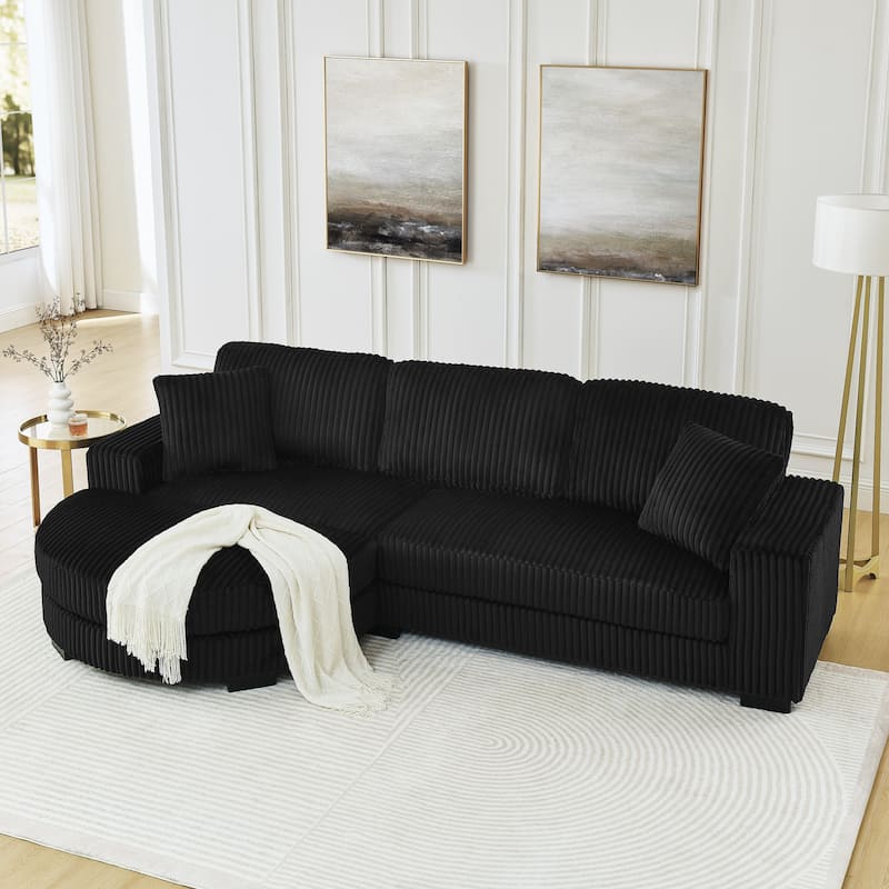Corduroy Upholstered L-shaped Sectional Sofa, Chaise Lounge Couch with Arc-shaped Ottoman and Removable Cushions for Living Room - Black