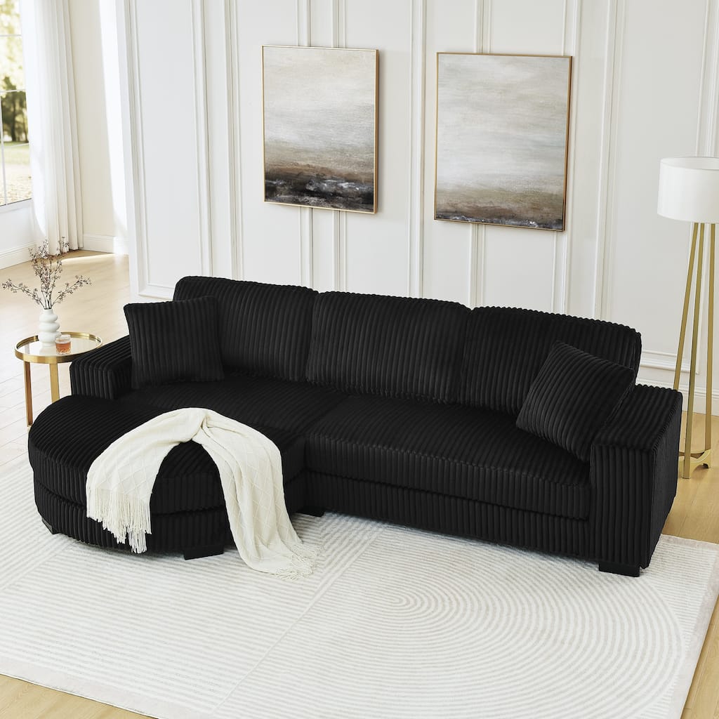 Corduroy Upholstered L-shaped Sectional Sofa, Chaise Lounge Couch with Arc-shaped Ottoman and Removable Cushions for Living Room