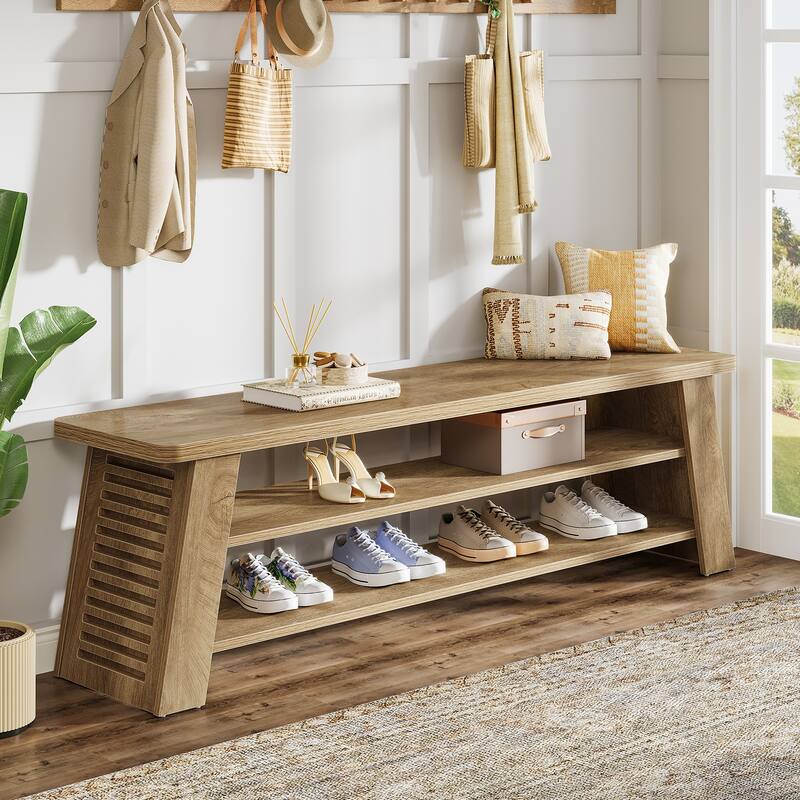 3-Tier Entryway Shoe Bench with Storage Shelf for Living Room, Wooden End of Bed Bench for Bedroom, Dining Bench for Dining Room - Brown