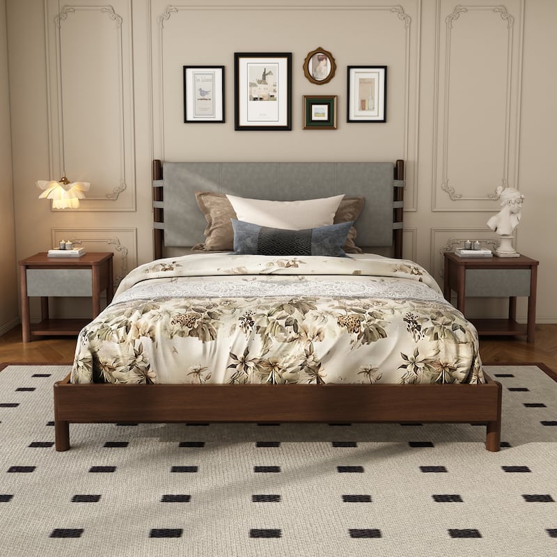 Low-profile Platform Bed Frame with Upholstered Panel Headboard and Wood Slat Supports, Optional with 2 Storage Nightstands - Light Grey Walnut with 2 Nightstands - Queen