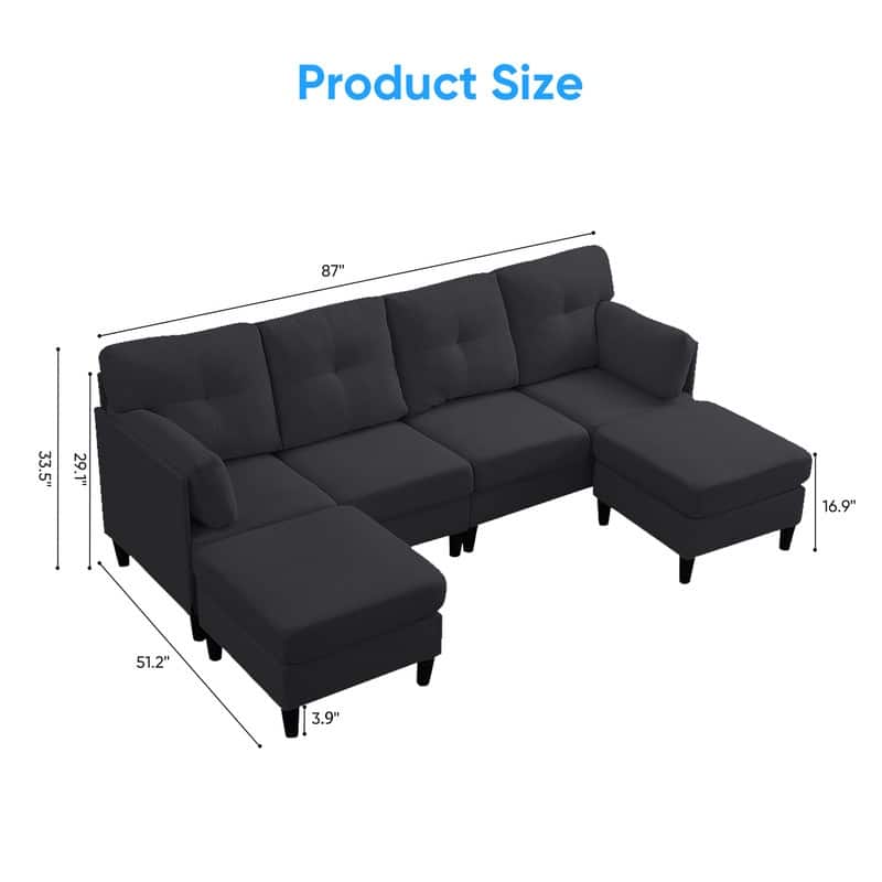 Mixoy W87"U-Shaped Sectional Couches,Velvet 4-Seater Convertible Sofa With Movable Storage Ottomans