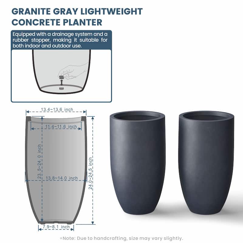 Textured Granite Gray Tall Concrete Round Plant Pots / Large Indoor and Outdoor flower Planters (13.5 Inch x 24.5 Inch)