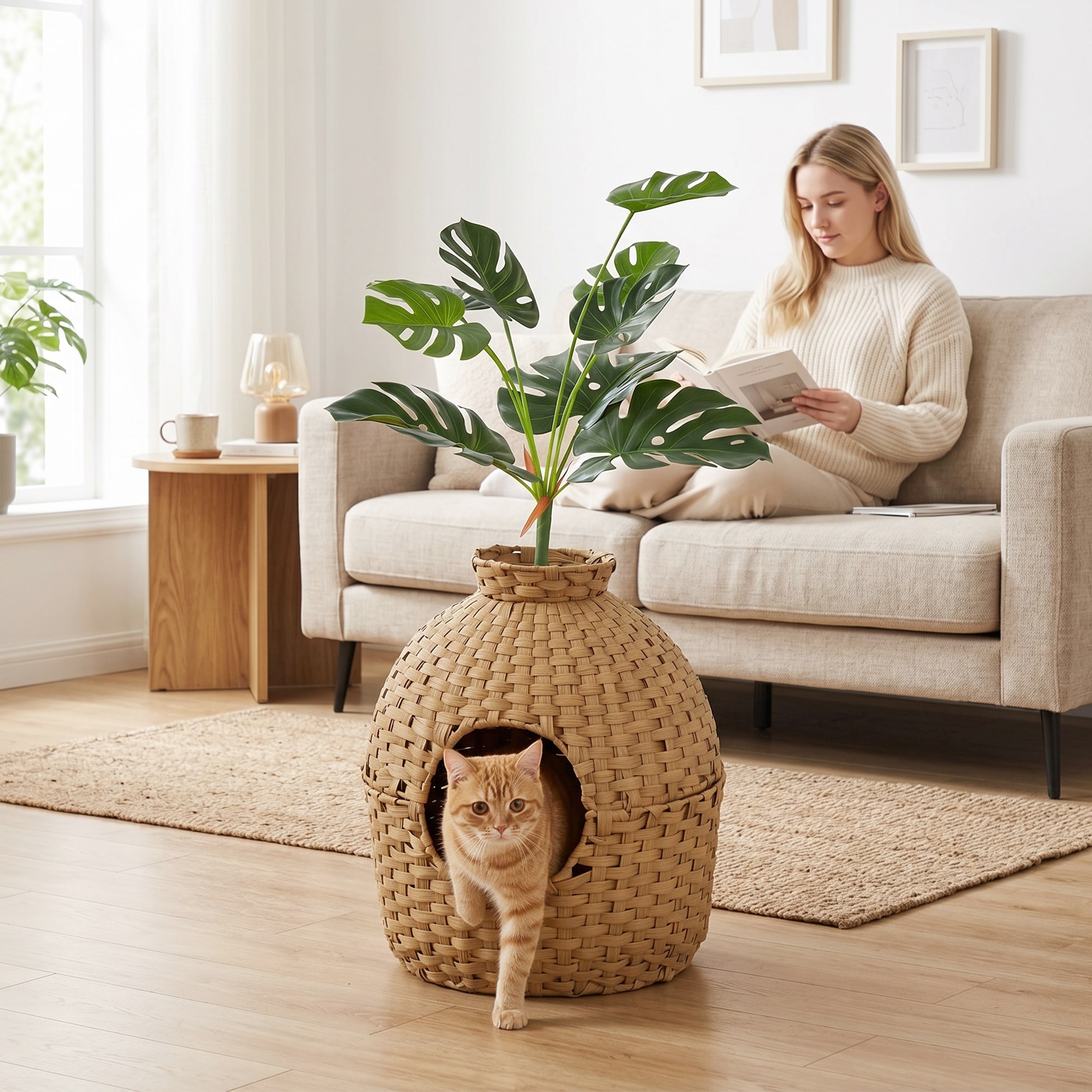 PawHut Hidden Cat Litter Box Plant Furniture Enclosure with Faux Plant & Stainless Steel Tray Real Stones
