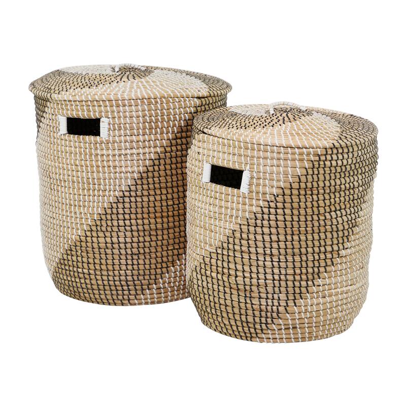 Brown Seagrass Handmade Two Toned Decorative and Functional Storage Basket with Matching Lids (Set of 2)