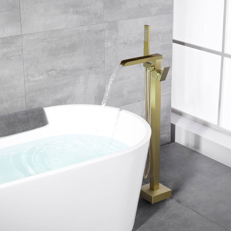 Freestanding Bathtub Faucet With Sprayer Floor Mount Tub Faucets Waterfall Tub Filler With Hand Shower Modern Bath Tub Trim