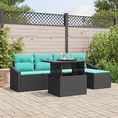 vidaXL 6 Piece Garden Sofa Set with Cushions Black Poly Rattan - 91.9×92.1×27.2