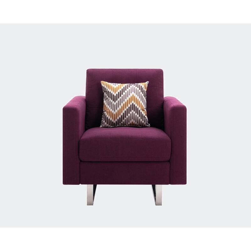 Linen Fabric Armchair with Metal Legs, Side Pockets, and Pillow