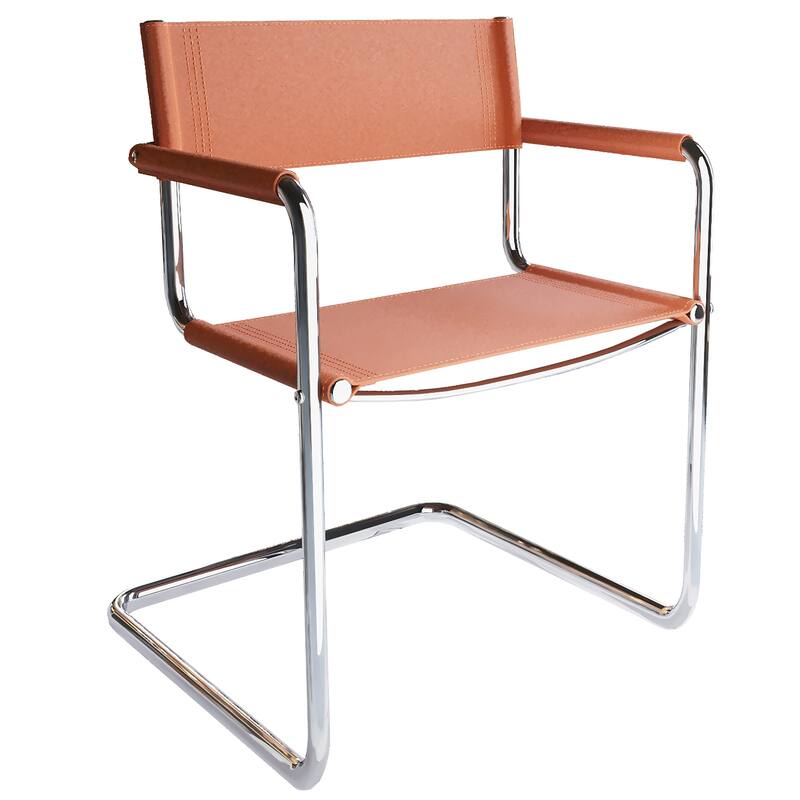 HomeRoots 23" Silver And Terra Cotta Leather and Stainless Steel Arm Chair - 22.95 in. x 31.30 in. x 23.62 in.