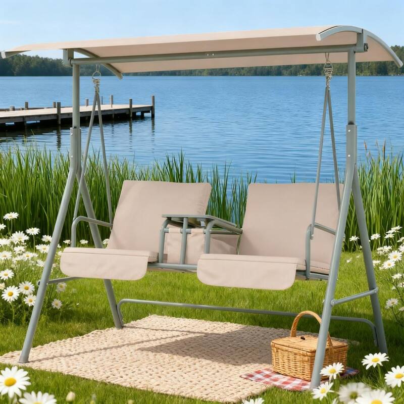 GDFStudio - Ethan Comfortable Patio Swing Chair with Canopy and Storage - Beige