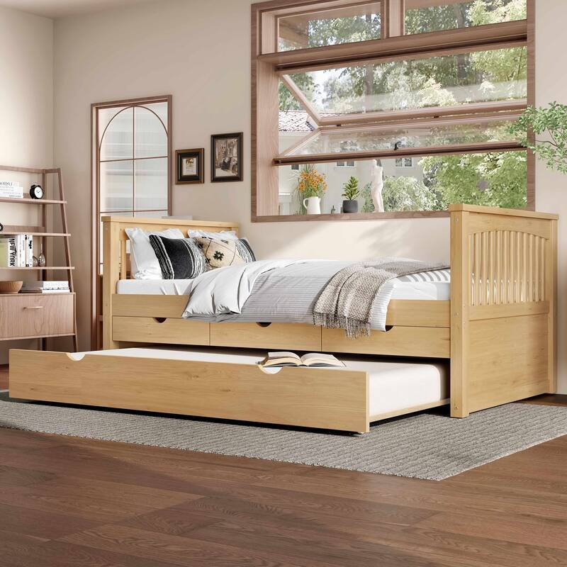 Twin Size Wooden Daybed with Trundle Bed and 3 Drawers, Solid Wood Platform Sofa Bed Frame, No Box Spring Needed