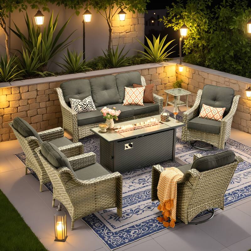 OVIOS 7-piece Patio Wicker Swivel Rocking Chair Set With Fire Pit - Black