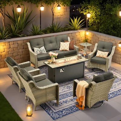 OVIOS 7-piece Patio Wicker Swivel Rocking Chair Set With Fire Pit