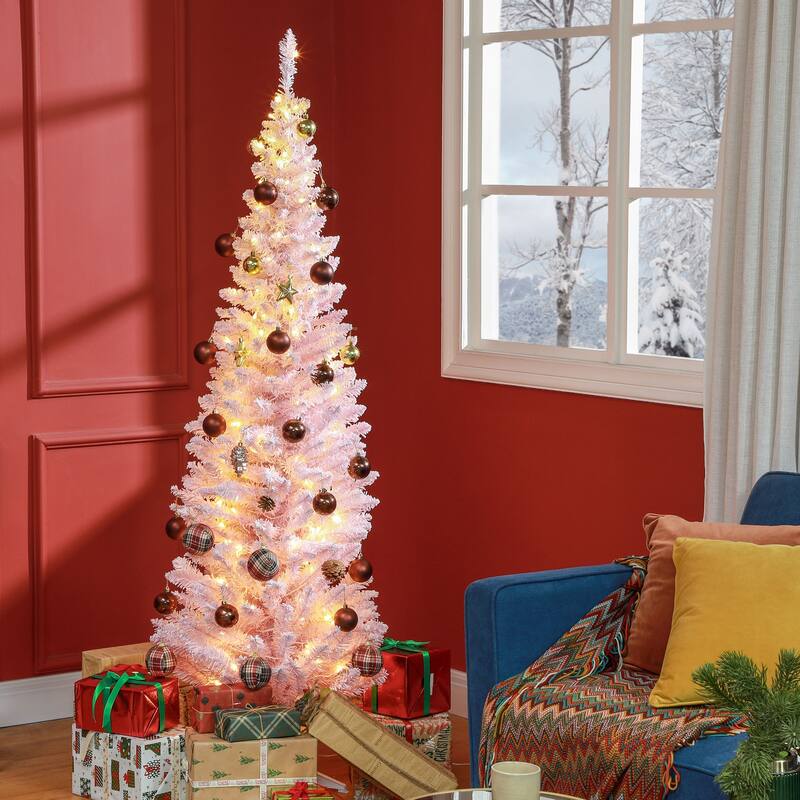 HOMCOM 6' Tall Pre-Lit Slim Noble Fir Artificial Christmas Tree with Realistic Branches, 170 Warm White LED Lights and 390 Tips