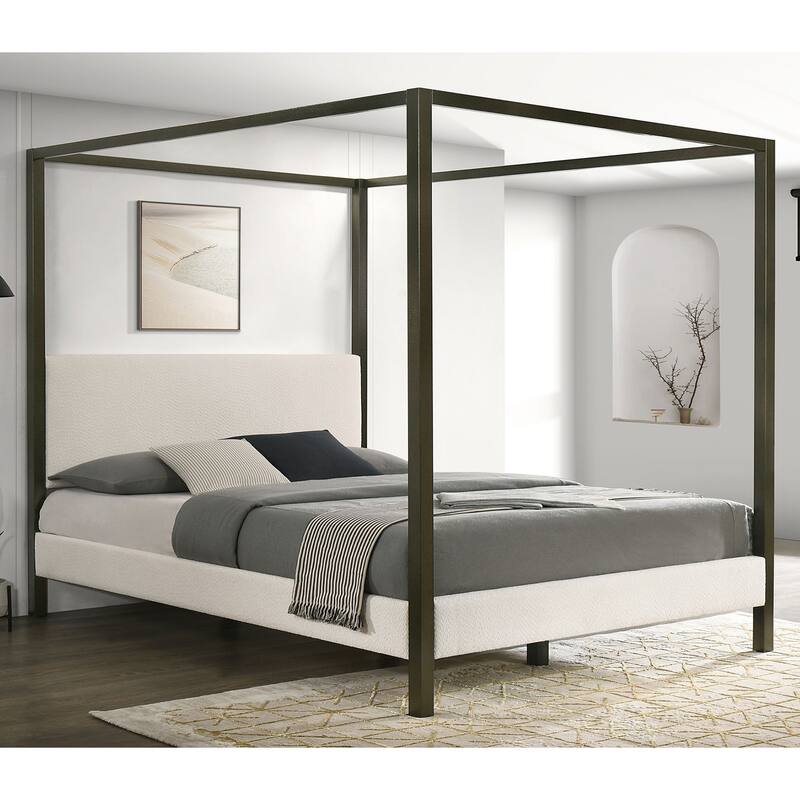 Upholstered Canopy Bed in Vanilla White and Brown