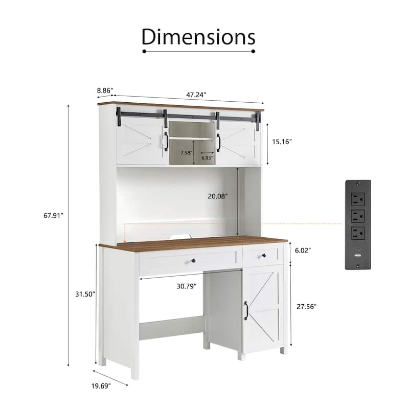 Farmhouse Executive Desk with Drawers, Wood Office Desk wCharging Station, File Drawer, Storage Cabinet, Computer Writing Desk