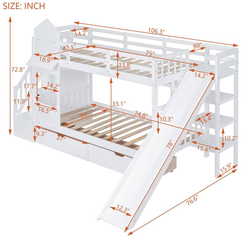 Castle Style Twin/Full Bunk Bed with Slide, 2 Drawers, 3 Shelves, and Playhouse Design