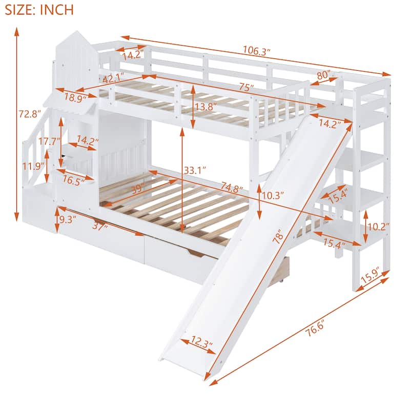 Twin-Over-Twin Castle Style Bunk Bed with 2 Drawers 3 Shelves and Slide