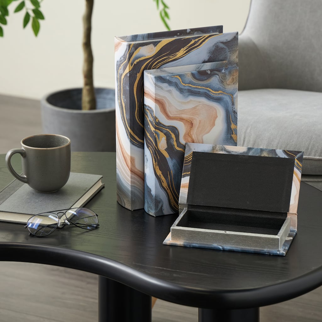 Multi Colored Faux Leather Faux Book Storage Geode Decorative Box with Gold Accents (Set of 3)