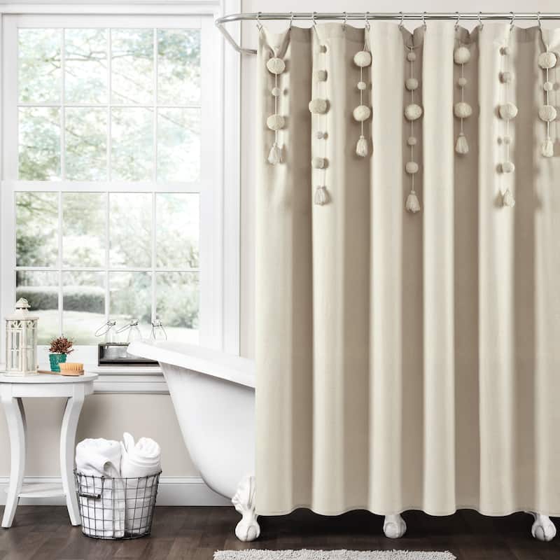 Lush Decor Boho Pom Pom Tassel Linen Shower Curtain - Dark Linen