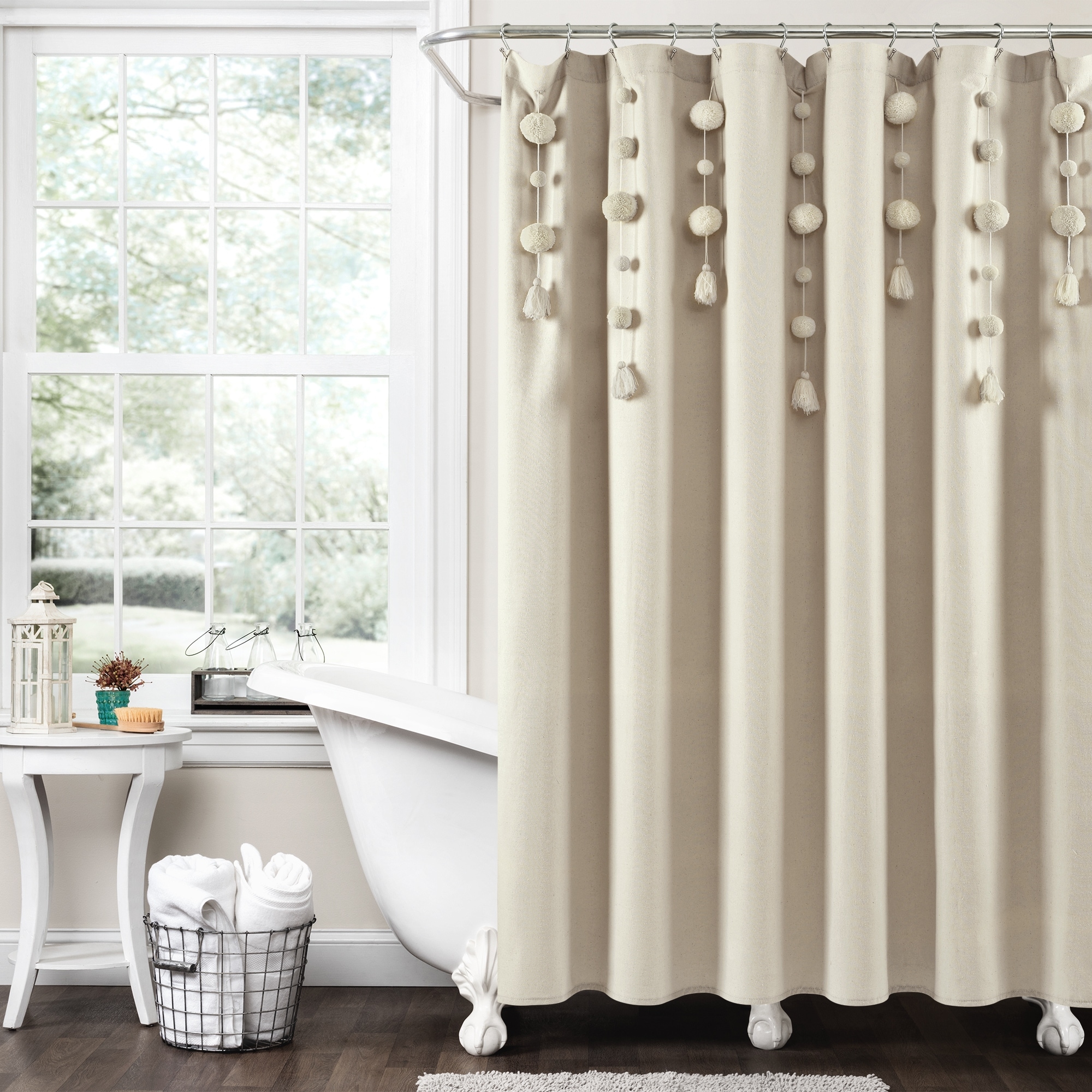 Lush Decor Boho Pom Pom Tassel Linen Shower Curtain