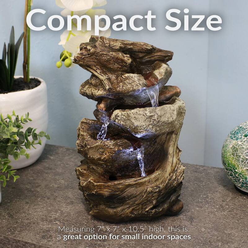Sunnydaze Tiered Rock and Log Tabletop Fountain with LED Lights - 10.5-Inch