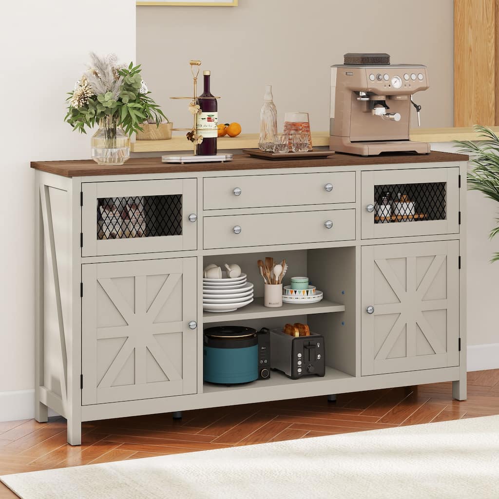 59" Coffee Bar Cabinet Barn Door Storage Cabinet With 2 Large Drawers & Visual Grid Door