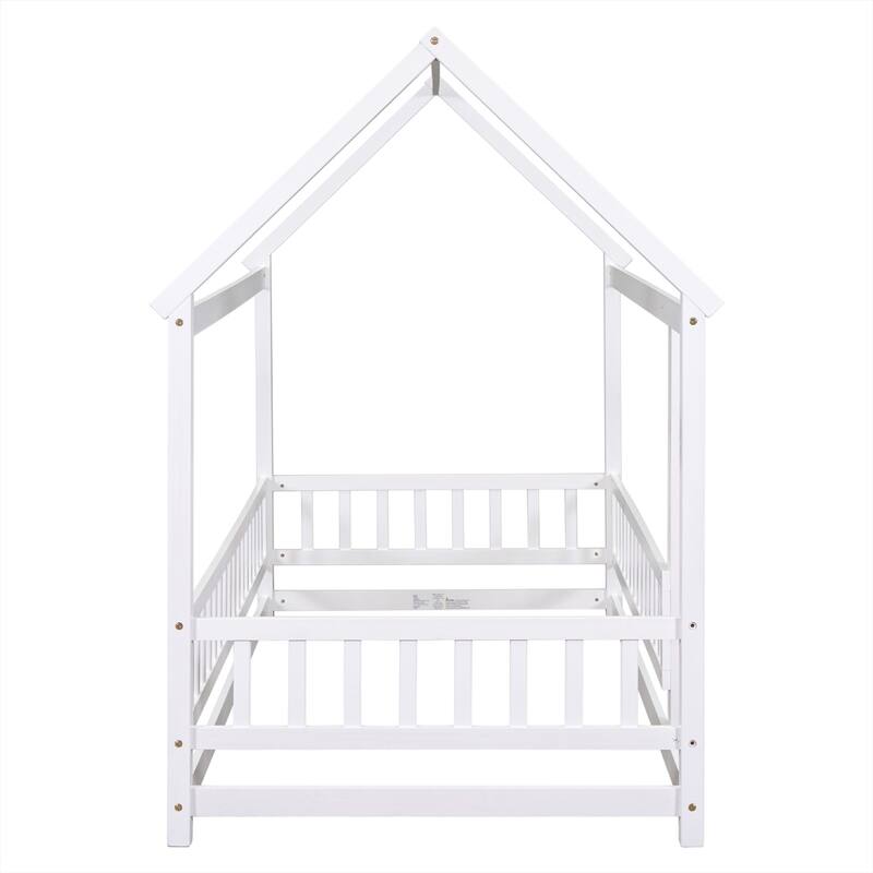 Floor Wooden Bed with House Roof Frame, Fence Guardrails