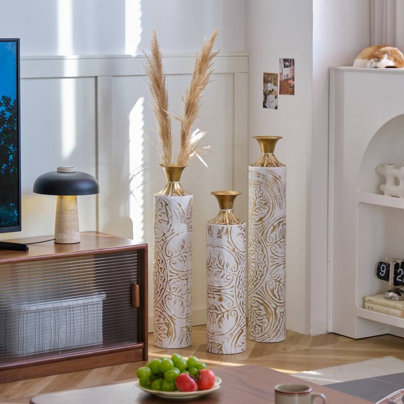 Set of 3 Metal Decorative White Glazed Vase with 3D for Home Office - 32.48in+28.54in+24.61in