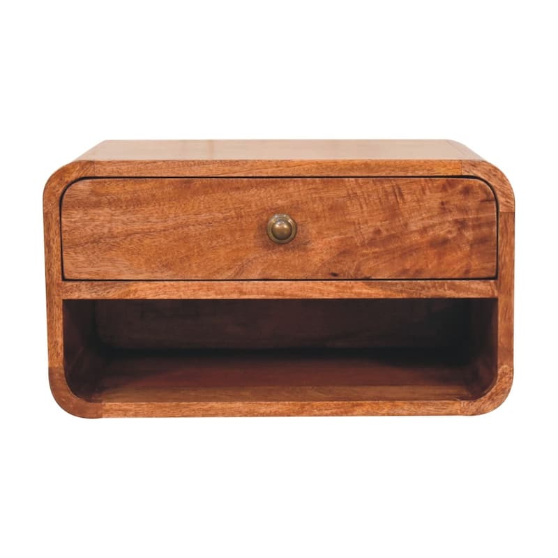 Artisan Furniture Solid Wood Curved Honey Caramel Wall Mounted Bedside with Open Slot