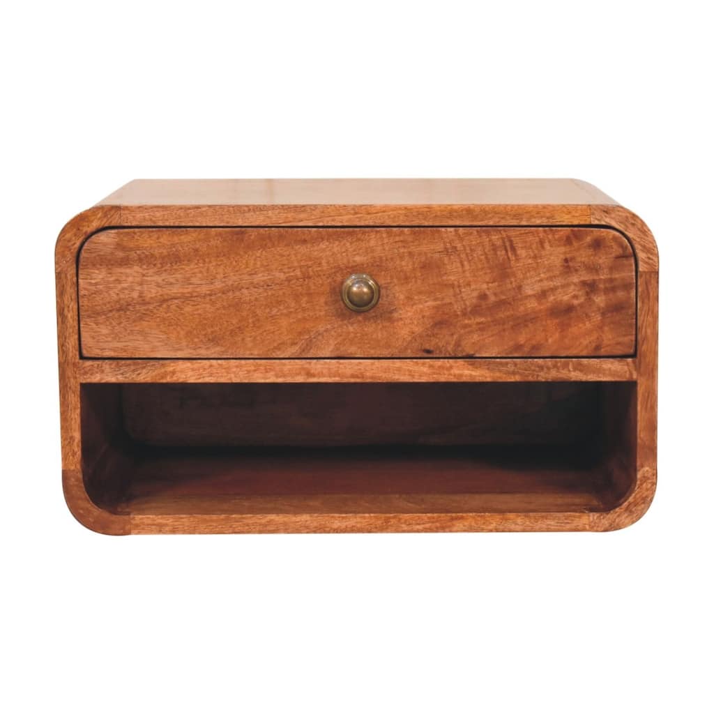 Artisan Furniture Solid Wood Curved Honey Caramel Wall Mounted Bedside with Open Slot