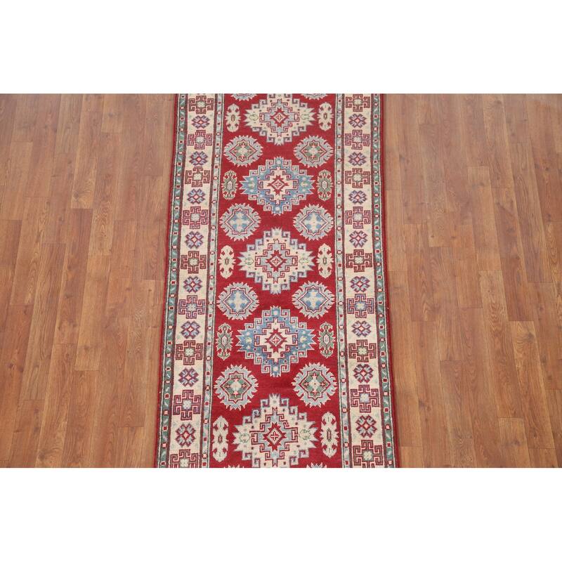 Hand Knotted Oriental 100% Wool Carpet Traditional Geometric Red Kazak Runner Rug - 6' 8'' X 2' 8''