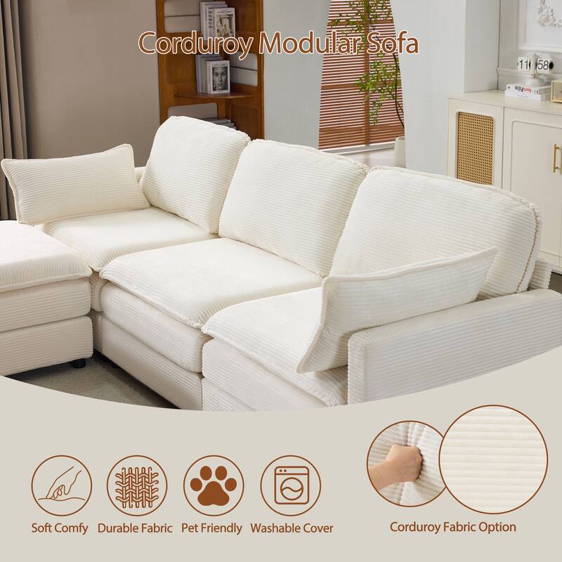 Modern L-shaped Sectional Sofa with Chaise Corduroy 3 Seater Modular Deep Seat Couch with Solid Wood Frame, Pet Friendly