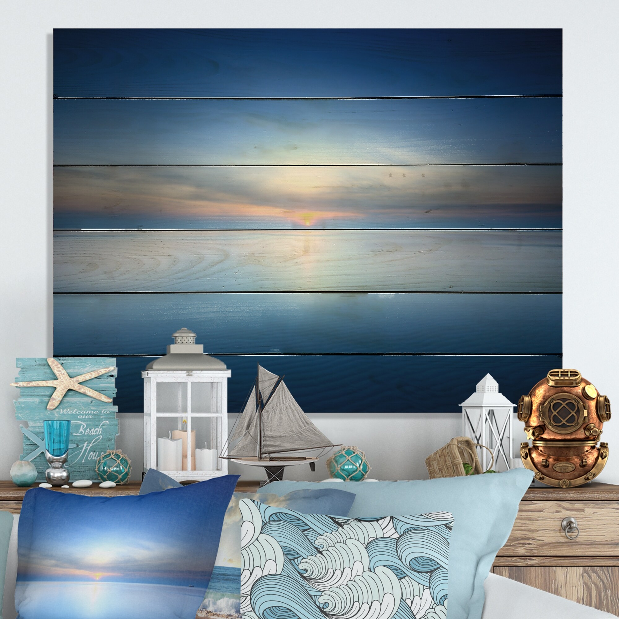 Designart 'Panoramic Cloud And Sky At Sunset III' Nautical  Coastal Wood  Wall Art Panels Natural Pine Wood Bed Bath  Beyond 36736242