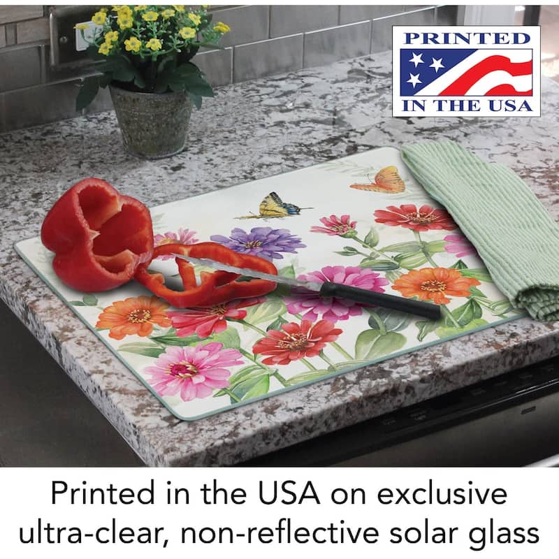 CounterArt Zinnias & Butterflies 3mm Heat Tolerant Tempered Glass Cutting Board 15" x 12" Made in the USA Dishwasher Safe