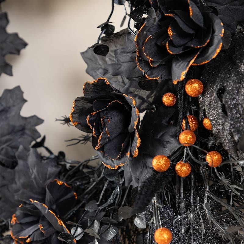 Glitzhome 36"H Halloween Lighted Black Rose Urn Porch Tree with Timer