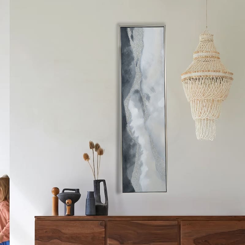 20 x 71 Framed Handpainted Wall Art, Landscape Abstract Design, Soft Gray
